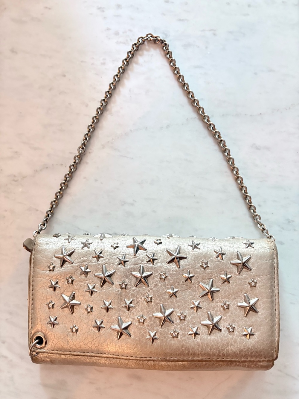 Jimmy Choo Wallet on Chain Metallic Silver Star Design